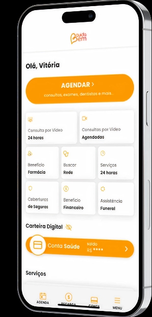 Tela do app CuidaBem exibida em um celular, destacando as funcionalidades disponíveis para gerenciar a saúde pelo aplicativo